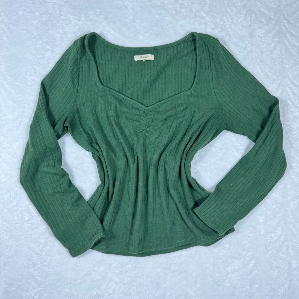 Madewell Ribbed‎ Sweetheart Sweater Top Deep Forest Green Women's XL Long Sleeve